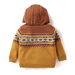 Babyhug Knitted Full Sleeves Hooded Front Open Sweater With Aztec Design - Mustard