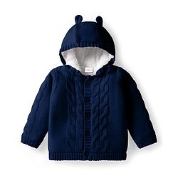 Babyhug Knit Full Sleeves Hooded Front Open Sweater with Cable Knit Design & Ear Applique - Navy Blue
