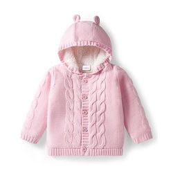 Babyhug Knit Full Sleeves Hooded Front Open Sweater with Cable Knit Design & Ear Applique - Pink