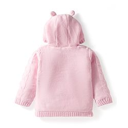 Babyhug Knit Full Sleeves Hooded Front Open Sweater with Cable Knit Design & Ear Applique - Pink
