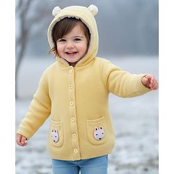 Babyhug Knitted Full Sleeves Hooded Front Open Sweater With Animal Applique - Yellow