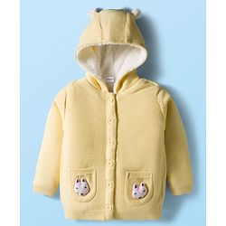 Babyhug Knitted Full Sleeves Hooded Front Open Sweater With Animal Applique - Yellow