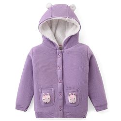 Babyhug Knit Full Sleeves Front Open Hooded Sweater with Fox Applique & Pocket Detailing - Lavender