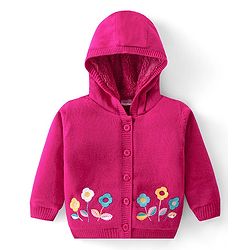 Babyhug Knitted Full Sleeves Hooded Front Open Sweater With Floral Embroidery - Fuchsia