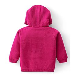 Babyhug Knitted Full Sleeves Hooded Front Open Sweater With Floral Embroidery - Fuchsia