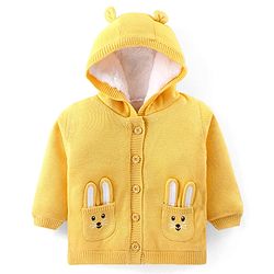 Babyhug Knitted Full Sleeves Hooded Front Open Sweater With Bunny Embroidery - Yellow