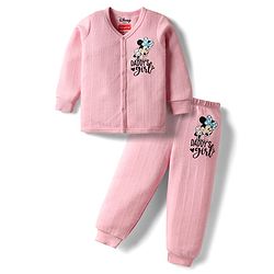 Babyhug Disney Full Sleeve Front Open Thermal Vest & Pant Set With Minnie Mouse Graphic - Pink