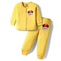 Babyhug Disney Full Sleeve Front Open Thermal Vest & Pant Set With Minnie Mouse Graphic - Yellow
