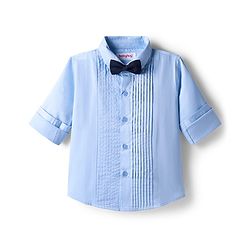 Babyhug Cotton Woven Full Sleeves Partywear Solid Oxford Pintuck Shirt With Bow - Light Blue