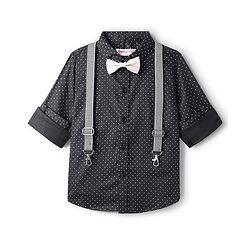 Babyhug Cotton Woven Full Sleeves Polka Dots Print Party Shirt with Suspender & Bow - Black