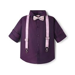 Babyhug Cotton Woven Full Sleeves Party Shirt with Suspender & Bow - Purple
