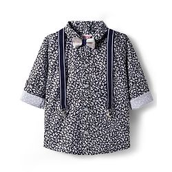 Babyhug Cotton Woven Full Sleeves Floral Printed Shirt with Bow & Suspender - White & Navy Blue