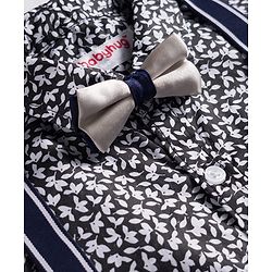 Babyhug Cotton Woven Full Sleeves Floral Printed Shirt with Bow & Suspender - White & Navy Blue