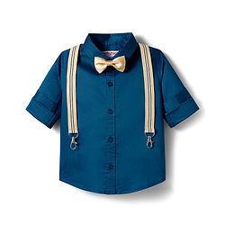 Babyhug Cotton Woven Full Sleeves Solid Color Shirt with Bow & Suspender - Blue