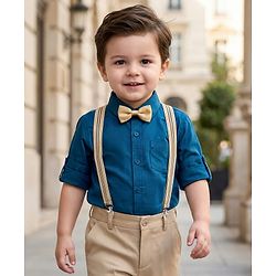 Babyhug Cotton Woven Full Sleeves Solid Color Shirt with Bow & Suspender - Blue