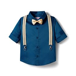 Babyhug Cotton Woven Full Sleeves Solid Color Shirt with Bow & Suspender - Blue