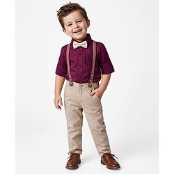 Babyhug Cotton Woven Full Sleeves Solid Party Shirt & Trouser Set With Bow & Suspender - Maroon
