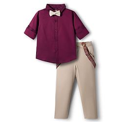 Babyhug Cotton Woven Full Sleeves Solid Party Shirt & Trouser Set With Bow & Suspender - Maroon