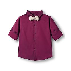 Babyhug Cotton Woven Full Sleeves Solid Party Shirt & Trouser Set With Bow & Suspender - Maroon