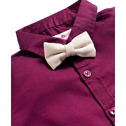Babyhug Cotton Woven Full Sleeves Solid Party Shirt & Trouser Set With Bow & Suspender - Maroon