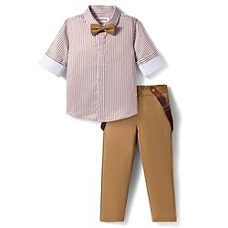 Babyhug Woven Full Sleeves Striped Party Shirt & Trouser Set With Bow & Suspender - Brown