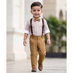Babyhug Woven Full Sleeves Striped Party Shirt & Trouser Set With Bow & Suspender - Brown