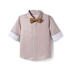 Babyhug Woven Full Sleeves Striped Party Shirt & Trouser Set With Bow & Suspender - Brown