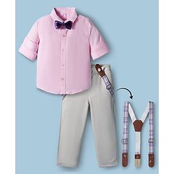 Babyhug Cotton Poplin Full Sleeves Solid Color Shirt & Stretchable Trouser with Bow & Suspender - Pink & Grey