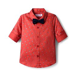 Babyhug Cotton Woven Full Sleeves Floral Printed Party Shirt & Trouser Set With Bow & Suspender - Brown & Navy
