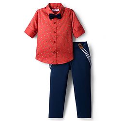 Babyhug Cotton Woven Full Sleeves Floral Printed Party Shirt & Trouser Set With Bow & Suspender - Brown & Navy