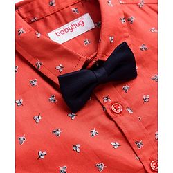 Babyhug Cotton Woven Full Sleeves Floral Printed Party Shirt & Trouser Set With Bow & Suspender - Brown & Navy