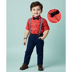 Babyhug Cotton Woven Full Sleeves Floral Printed Party Shirt & Trouser Set With Bow & Suspender - Brown & Navy