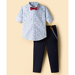 Babyhug Cotton Woven Full Sleeves Floral Printed Party Shirt & Trouser Set With Bow & Suspender - Navy Blue & White