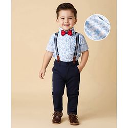 Babyhug Cotton Woven Full Sleeves Floral Printed Party Shirt & Trouser Set With Bow & Suspender - Navy Blue & White