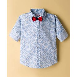 Babyhug Cotton Woven Full Sleeves Floral Printed Party Shirt & Trouser Set With Bow & Suspender - Navy Blue & White