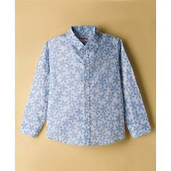 Babyhug Cotton Woven Full Sleeves Floral Printed Party Shirt & Trouser Set With Bow & Suspender - Navy Blue & White