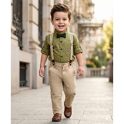 Babyhug Cotton Poplin Woven Full Sleeves Printed Shirt & Stretchable Trouser Set with Suspenders & Bow - Olive Green & Khaki