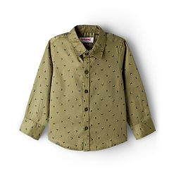 Babyhug Cotton Poplin Woven Full Sleeves Printed Shirt & Stretchable Trouser Set with Suspenders & Bow - Olive Green & Khaki