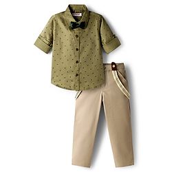 Babyhug Cotton Poplin Woven Full Sleeves Printed Shirt & Stretchable Trouser Set with Suspenders & Bow - Olive Green & Khaki