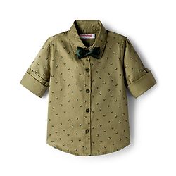 Babyhug Cotton Poplin Woven Full Sleeves Printed Shirt & Stretchable Trouser Set with Suspenders & Bow - Olive Green & Khaki