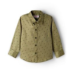 Babyhug Cotton Poplin Woven Full Sleeves Printed Shirt & Stretchable Trouser Set with Suspenders & Bow - Olive Green & Khaki