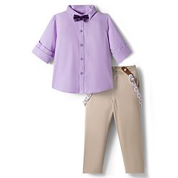 Babyhug Cotton Woven Full Sleeves Poplin Solid Party Shirt & Stretchable Trouser With Bow & Suspender - Purple & Cream