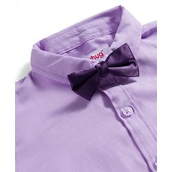 Babyhug Cotton Woven Full Sleeves Poplin Solid Party Shirt & Stretchable Trouser With Bow & Suspender - Purple & Cream