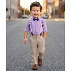 Babyhug Cotton Woven Full Sleeves Poplin Solid Party Shirt & Stretchable Trouser With Bow & Suspender - Purple & Cream