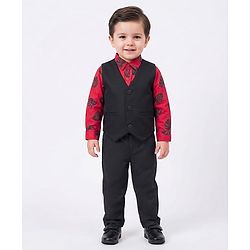 Babyhug Cotton Woven Full Sleeves 3 Piece Party Suit With Leaf Print - Black & Red