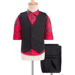 Babyhug Cotton Woven Full Sleeves 3 Piece Party Suit With Leaf Print - Black & Red