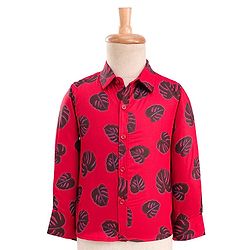 Babyhug Cotton Woven Full Sleeves 3 Piece Party Suit With Leaf Print - Black & Red