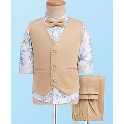 Babyhug Cotton Woven Full Sleeves 3 Piece Party Suit With Floral Print & Bow - Beige