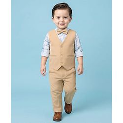 Babyhug Cotton Woven Full Sleeves 3 Piece Party Suit With Floral Print & Bow - Beige