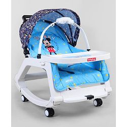 Babyhug Disney Mickey Mouse Rocking chair- Light Blue| Multi-Functional Rocker, Dining Chair, Walker, Cart & Seat| Reclining Seat| Infants & Toddlers of 0 to 3 Yrs| Wheels with Lock| Safety Harness